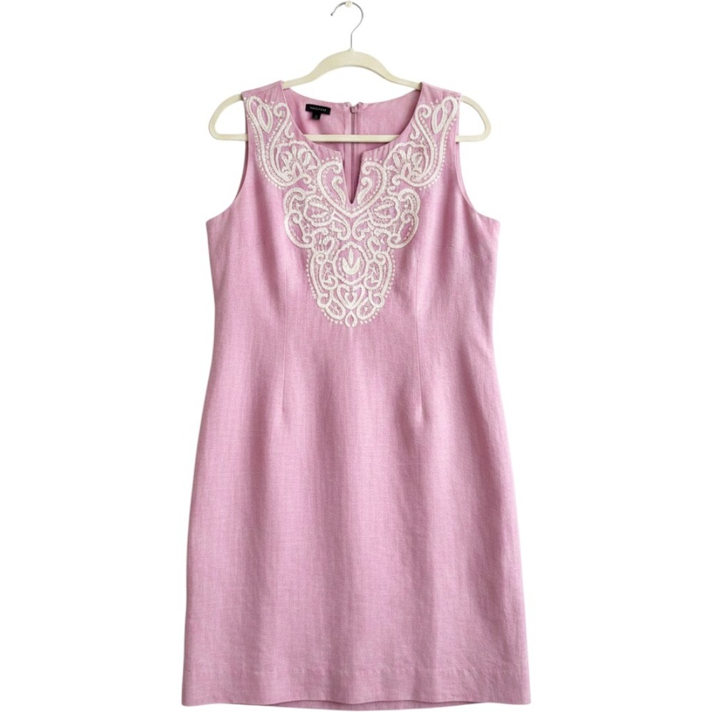 Talbots Womens Linen Cotton Embroidered Bib Shift Dress Lilac Pink Size 8